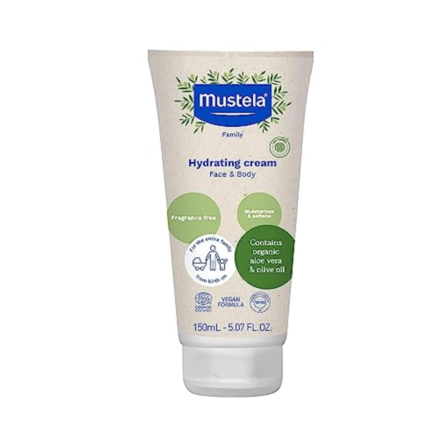 Mustela Crema hidratante orgánica certificada, loción corporal natural con aceite de oliva, aloe vera y aceite de girasol, para bebés, niños y adultos, sin fragancia, verificado por EWG y vegano, 5.07 onzas, el embalaje puede variar