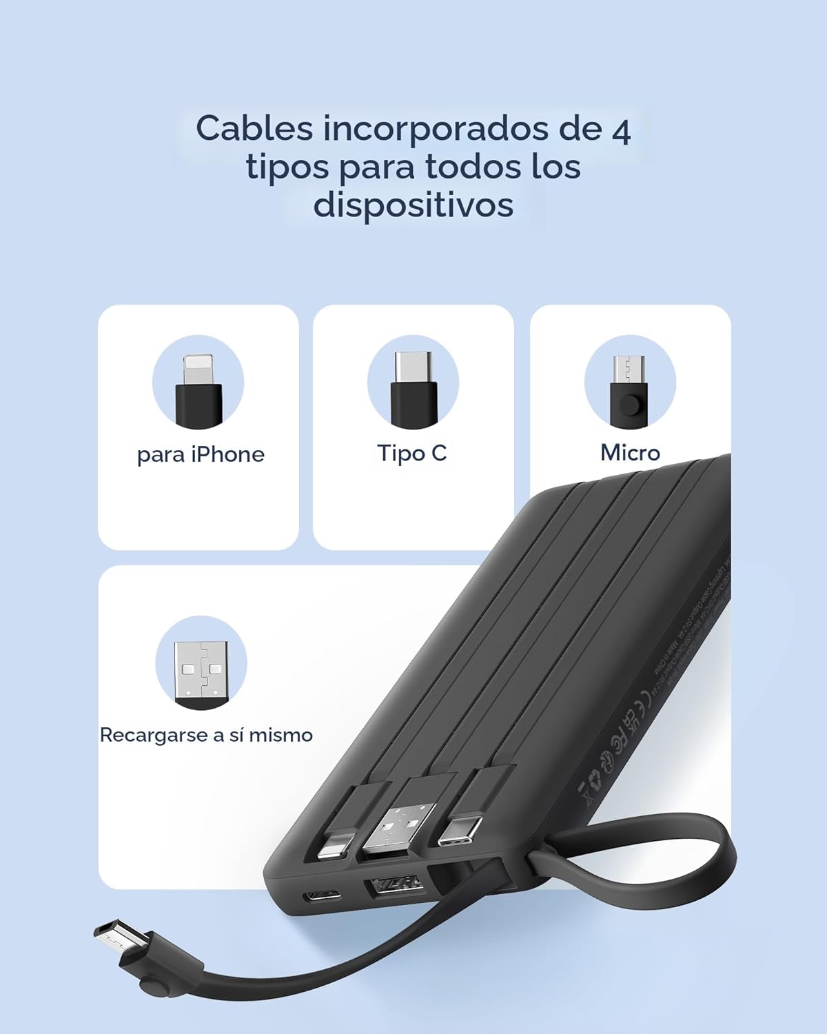 VRURC Cargador portátil con cables integrados, banco de energía del...