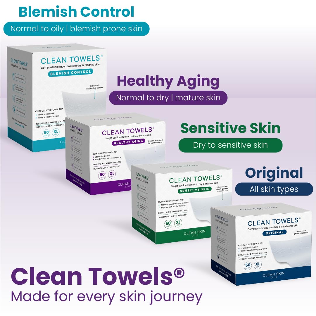 Clean Skin Club Healthy Aging Clean Towels® XL, suaviza las líneas finas, arrugas y textura en 6 semanas, tratadas para mayor suavidad, toallas faciales desechables, removedor de maquillaje