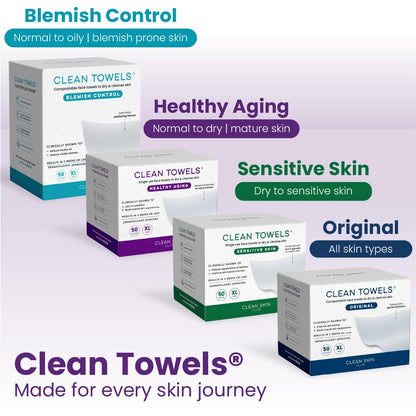 Clean Skin Club Healthy Aging Clean Towels® XL, suaviza las líneas finas, arrugas y textura en 6 semanas, tratadas para mayor suavidad, toallas faciales desechables, removedor de maquillaje