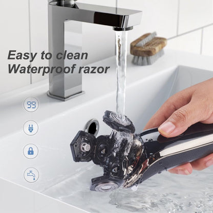 Maquinilla de afeitar eléctrica para hombre, recargable, impermeable, rotativa para afeitar, con recortadora de nariz, patillas, recortadora, cepillo de limpieza facial