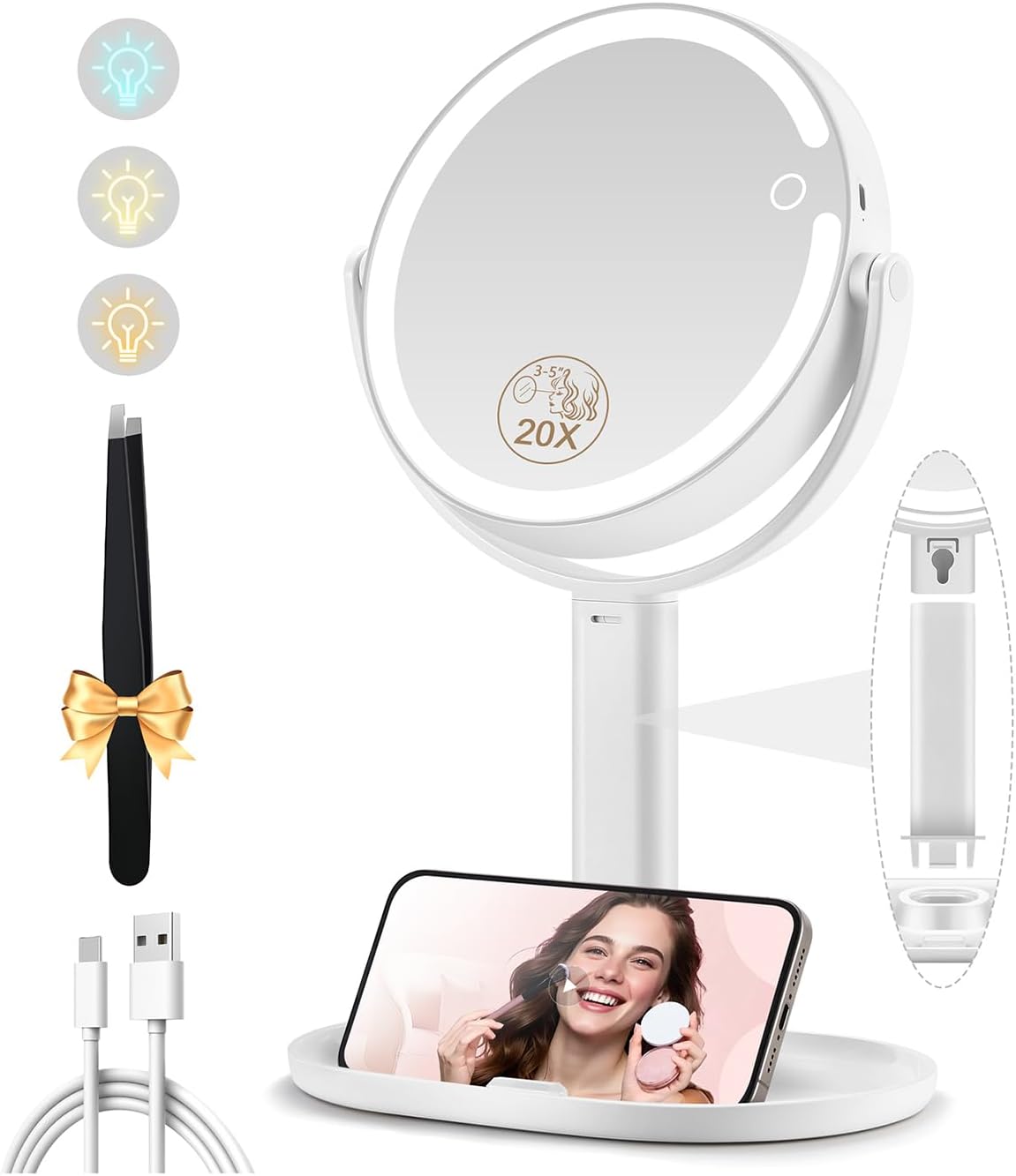 MOMOKUBA Espejo de maquillaje con luces, espejo de aumento de doble...