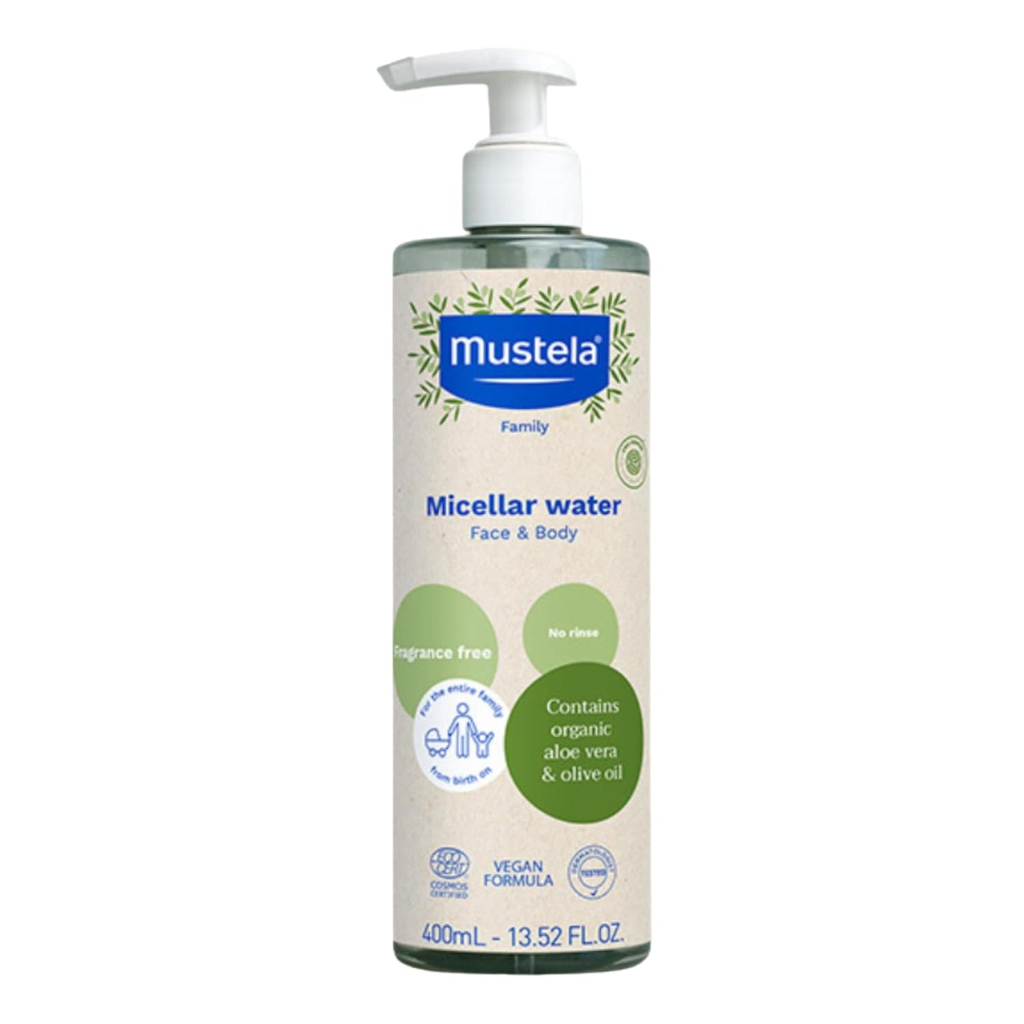 Mustela Agua limpiadora micelar orgánica certificada, limpiador de agua natural sin enjuague con aceite de oliva y aloe vera, para bebés, niños y adultos, sin fragancia, verificado por EWG y vegano, 13.52 onzas líquidas