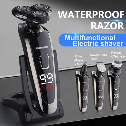Maquinilla de afeitar eléctrica para hombre, recargable, impermeable, rotativa para afeitar, con recortadora de nariz, patillas, recortadora, cepillo de limpieza facial