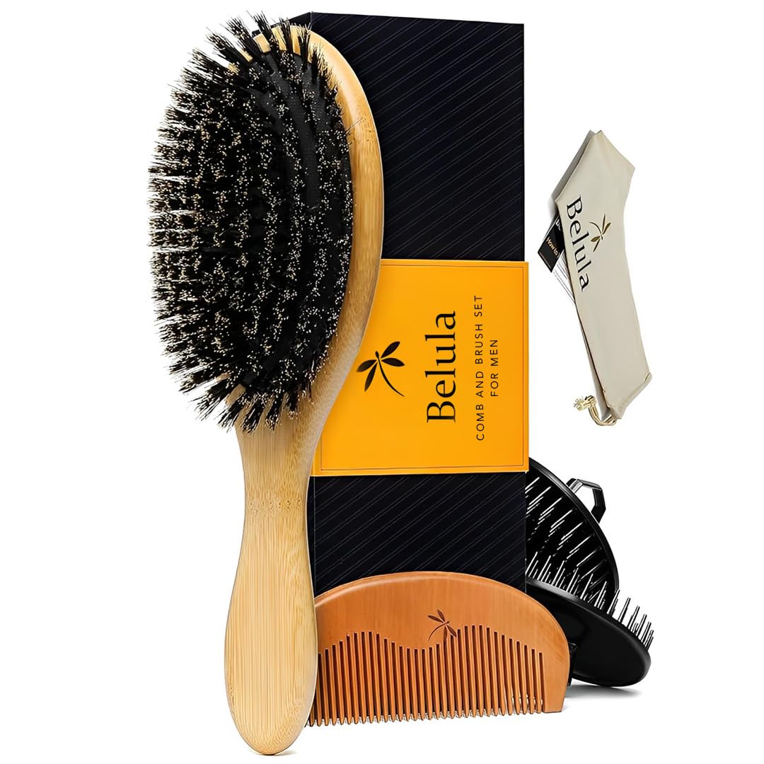 Belula Juego de cepillo de pelo 100% de cerdas de jabalí para hombres. Cepillo suave para cabello fino, normal y corto. Cepillo de cerdas de jabalí y peine de madera para hombres. Incluye 2 cepillos de palma y bolsa de viaje incluidos.