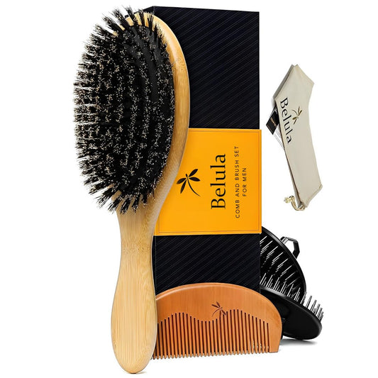 Belula Juego de cepillo de pelo 100% de cerdas de jabalí para hombres. Cepillo suave para cabello fino, normal y corto. Cepillo de cerdas de jabalí y peine de madera para hombres. Incluye 2 cepillos de palma y bolsa de viaje incluidos.