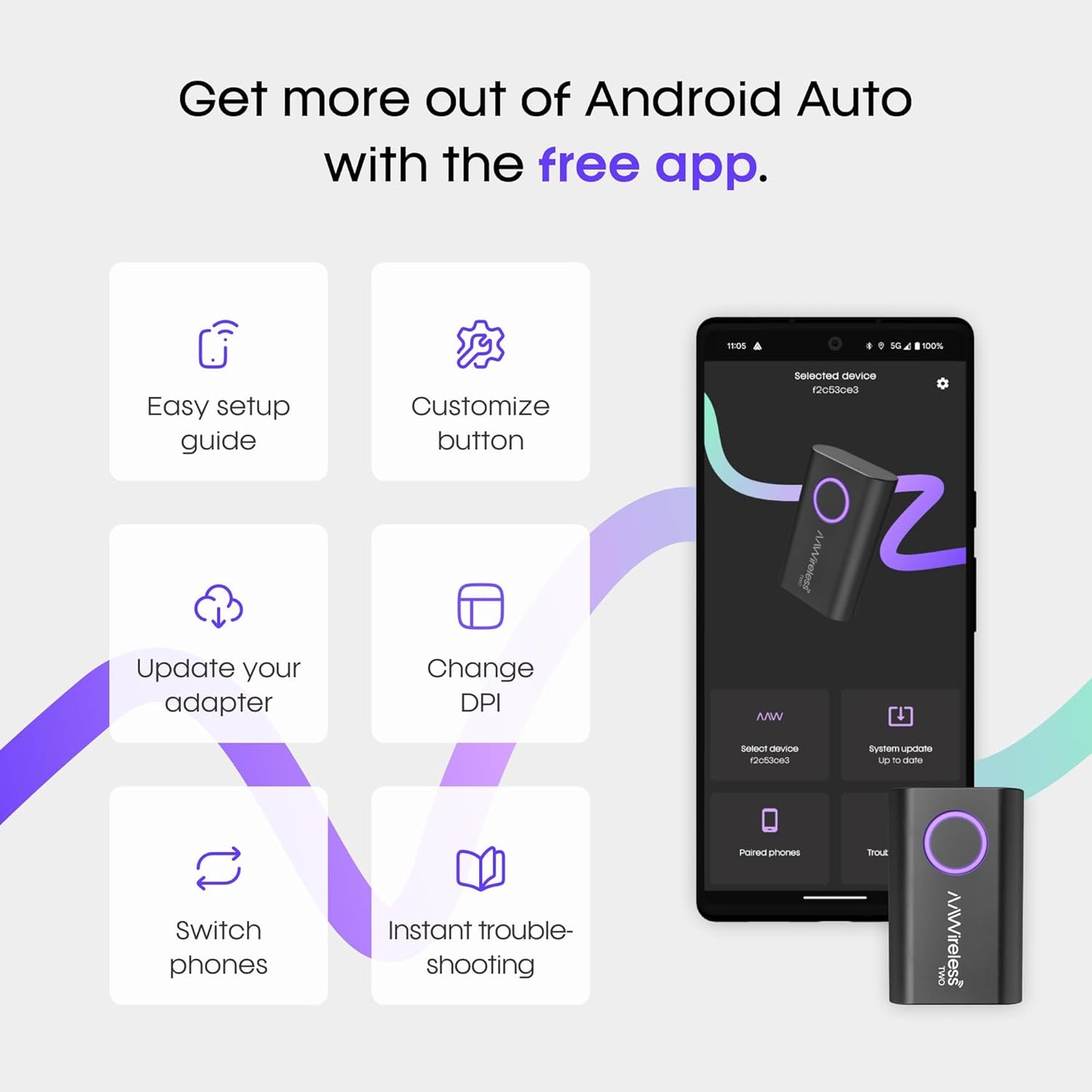 AAWireless Dos – Adaptador automático inalámbrico Android – Convertir Android Auto con cable de fábrica a inalámbrico – Bluetooth & Wi-Fi Auto Connect – Fácil Plug & Play – Botón multifunción – Hecho