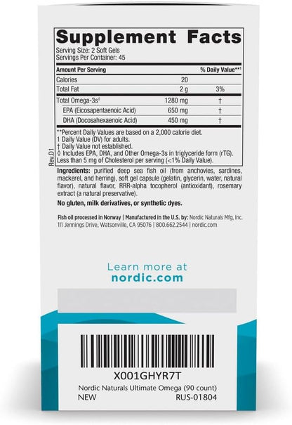 Nordic Naturals Ultimate Omega, sabor a limón, 90 geles suaves, 128...
