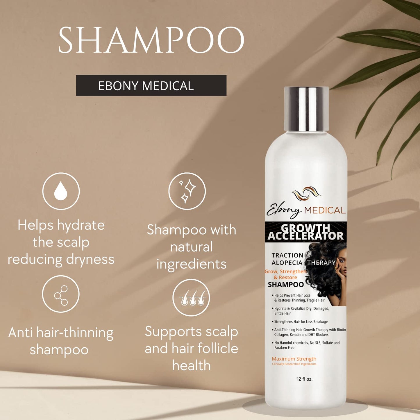 Ebony Medical Hair Support Shampoo - Solución para adelgazar el cabello y cabello parásito - Fortalece las hebras, la salud y el volumen del cuero cabelludo - Natural, vegano, sin sulfato - 12 onzas líquidas