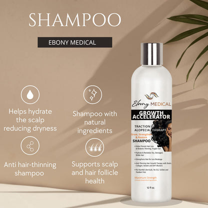 Ebony Medical Hair Support Shampoo - Solución para adelgazar el cabello y cabello parásito - Fortalece las hebras, la salud y el volumen del cuero cabelludo - Natural, vegano, sin sulfato - 12 onzas líquidas