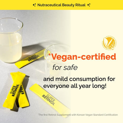 VITALBEAUTIE Super Retinol - Retinol liposomal ingestible y vitamina C 1000 mg en polvo - Suplemento vegano K-Beauty para piel y tono de vidrio radiante, cuidado de manchas oscuras, 30 paquetes