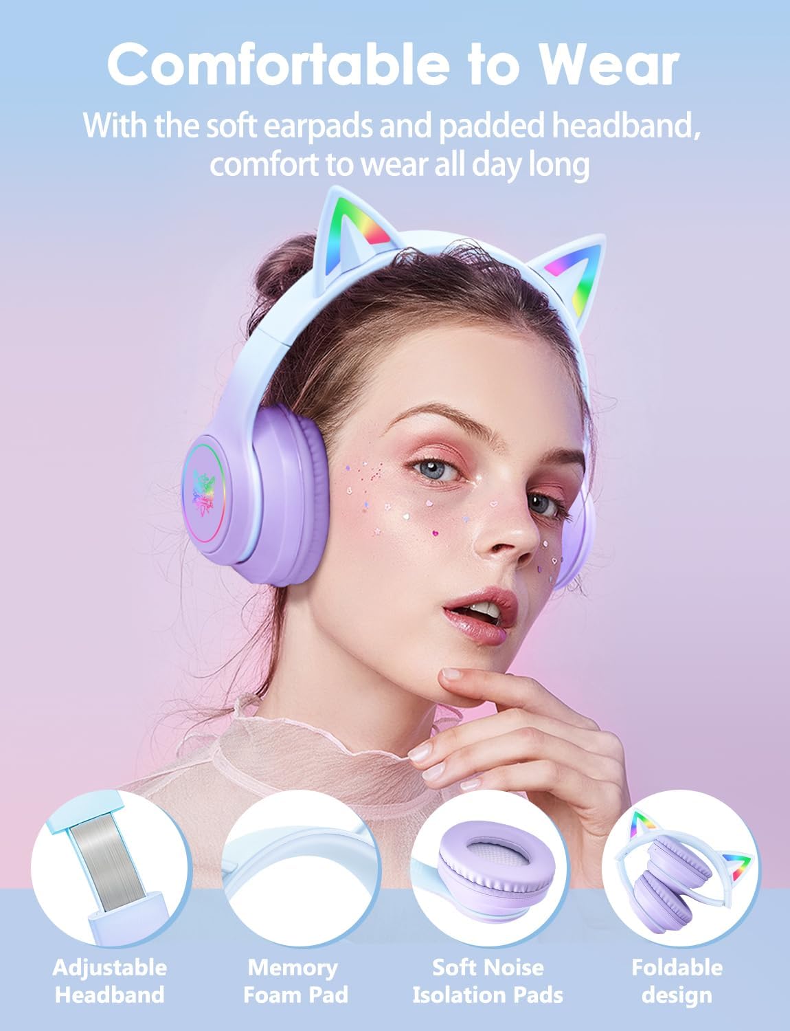 ONITOON Auriculares Bluetooth de oreja de gato con micrófono para n...