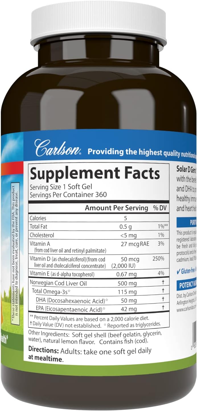 Carlson - Gemas solares D, suplemento de vitamina D3 y Omega-3, 200...