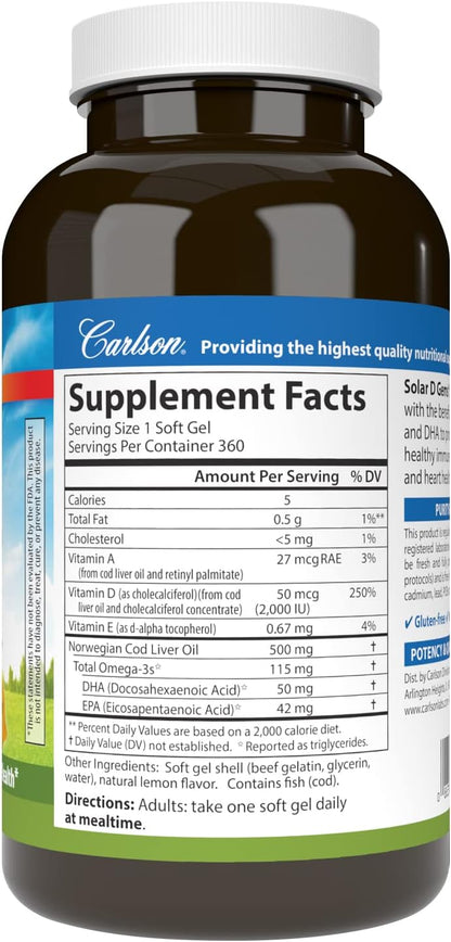 Carlson - Gemas solares D, suplemento de vitamina D3 y Omega-3, 200...