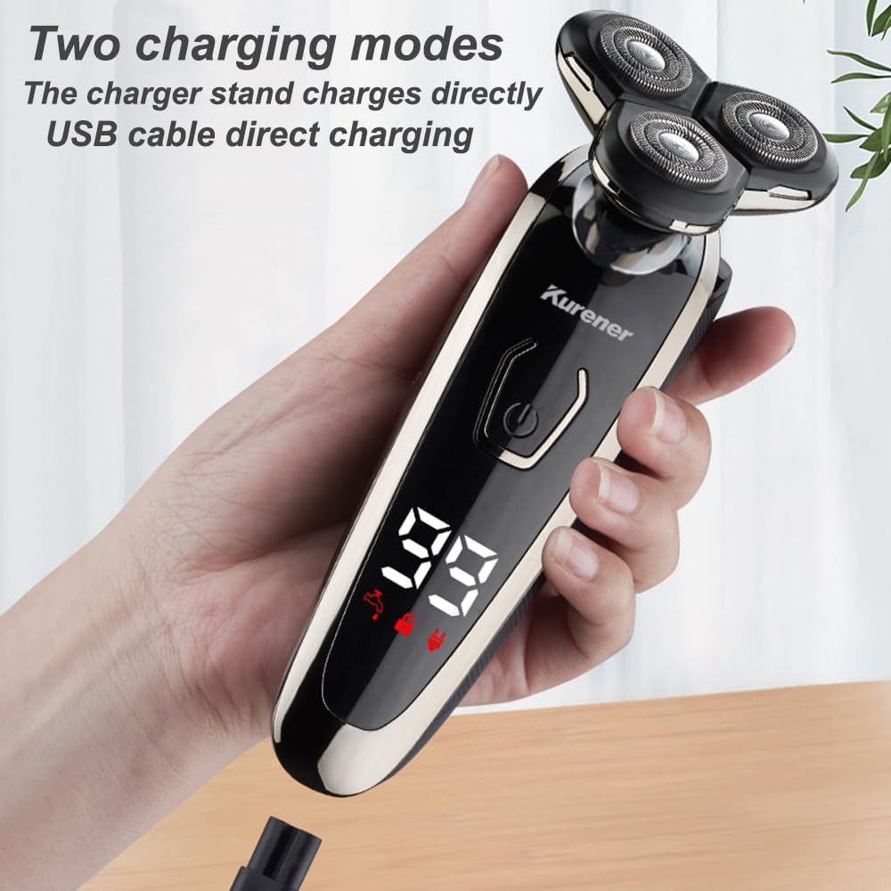 Maquinilla de afeitar eléctrica para hombre, recargable, impermeable, rotativa para afeitar, con recortadora de nariz, patillas, recortadora, cepillo de limpieza facial