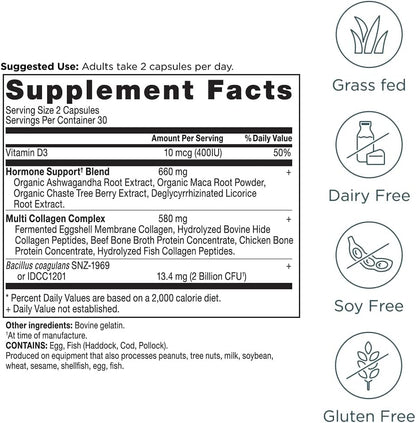 Ancient Nutrition Suplemento de equilibrio hormonal + colágeno, pép...