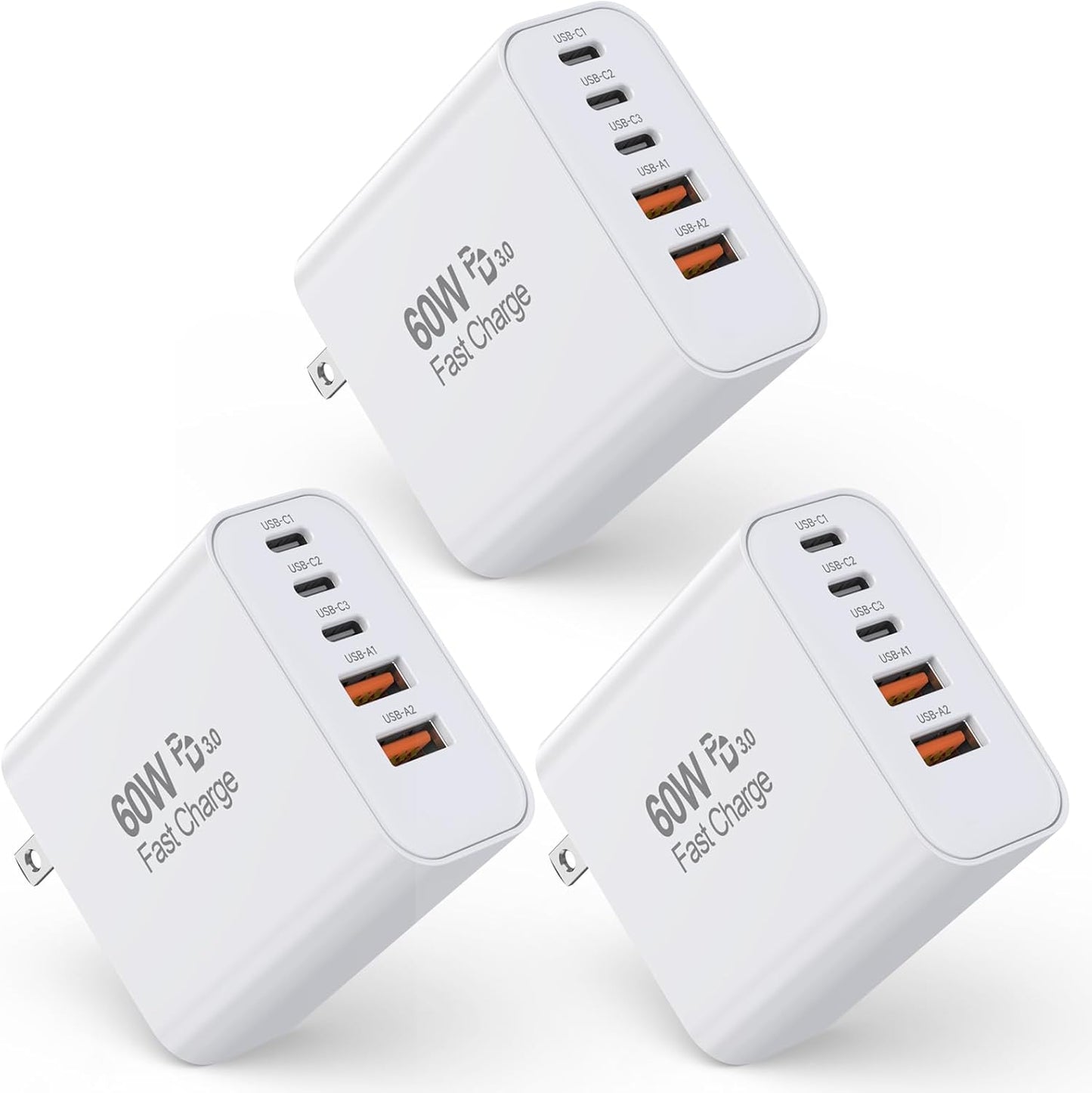 3 Pack Cargador Apple 17 Pro Max de Carga Rápida, Bloque de Carga de Pared USB C Multipuerto 60W PD 5 en 1 de Carga Rápida, Cubo de Enchufe de 16 Puertos de Carga Rápida para iPhone 17 Air/16/16e/16