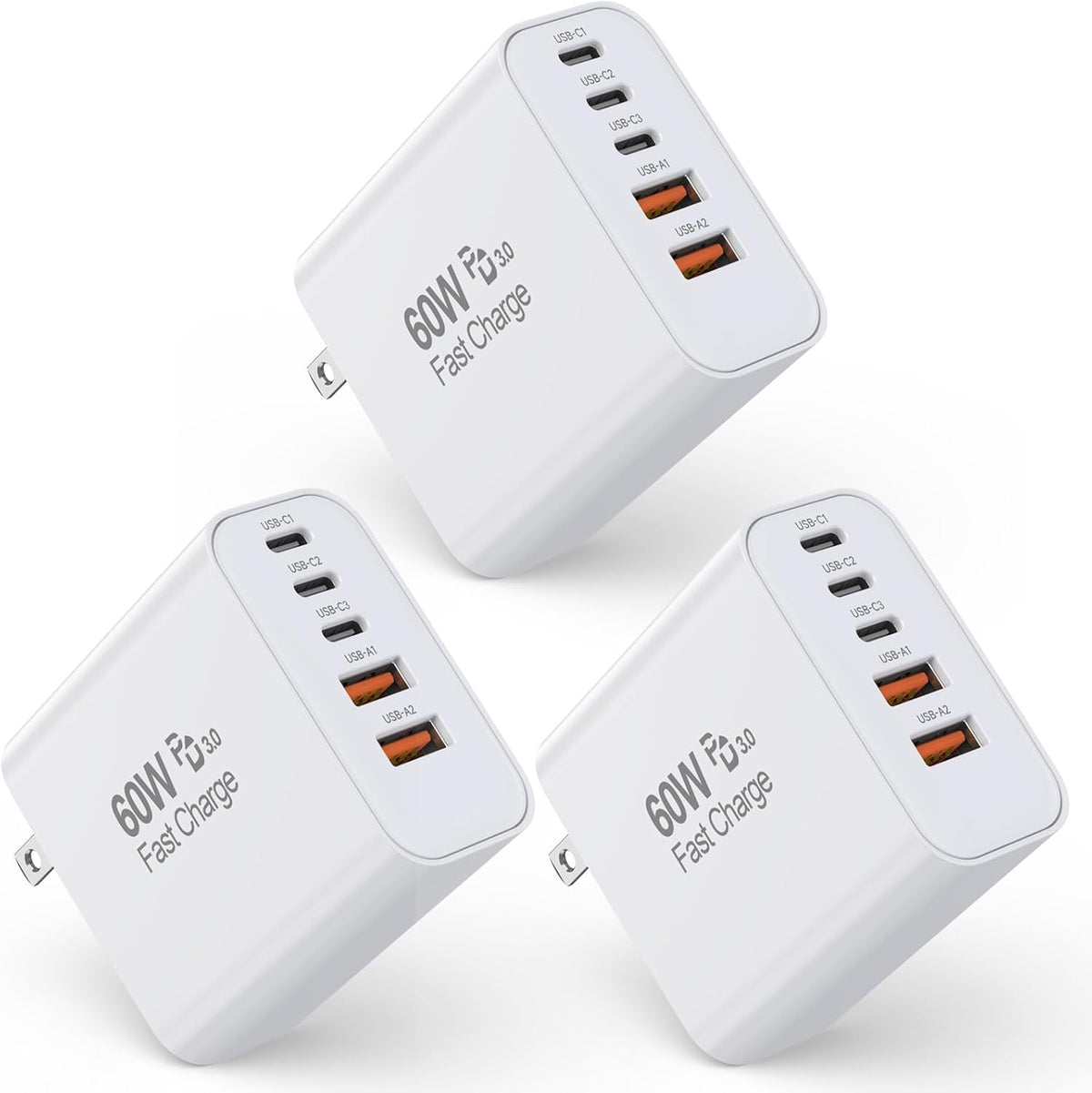 3 Pack Cargador Apple 17 Pro Max de Carga Rápida, Bloque de Carga de Pared USB C Multipuerto 60W PD 5 en 1 de Carga Rápida, Cubo de Enchufe de 16 Puertos de Carga Rápida para iPhone 17 Air/16/16e/16