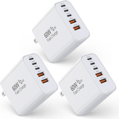 3 Pack Cargador Apple 17 Pro Max de Carga Rápida, Bloque de Carga de Pared USB C Multipuerto 60W PD 5 en 1 de Carga Rápida, Cubo de Enchufe de 16 Puertos de Carga Rápida para iPhone 17 Air/16/16e/16