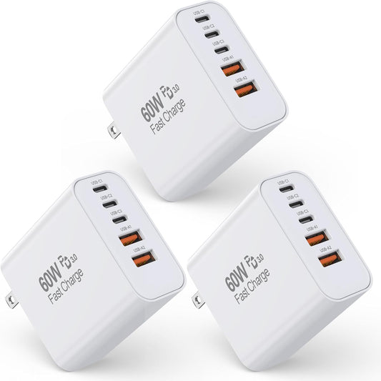 3 Pack Cargador Apple 17 Pro Max de Carga Rápida, Bloque de Carga de Pared USB C Multipuerto 60W PD 5 en 1 de Carga Rápida, Cubo de Enchufe de 16 Puertos de Carga Rápida para iPhone 17 Air/16/16e/16