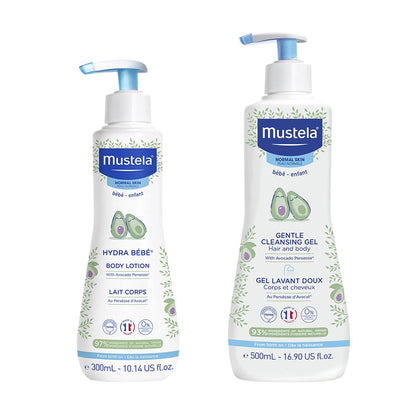 Mustela Set de regalo para la hora del baño para bebés, esenciales para el cuidado de la piel del bebé con aguacate natural, contiene loción corporal Hydra Bebe de 10.14 onzas líquidas y gel limpiador suave de 16.9 onzas líquidas, juego de 2 artículos
