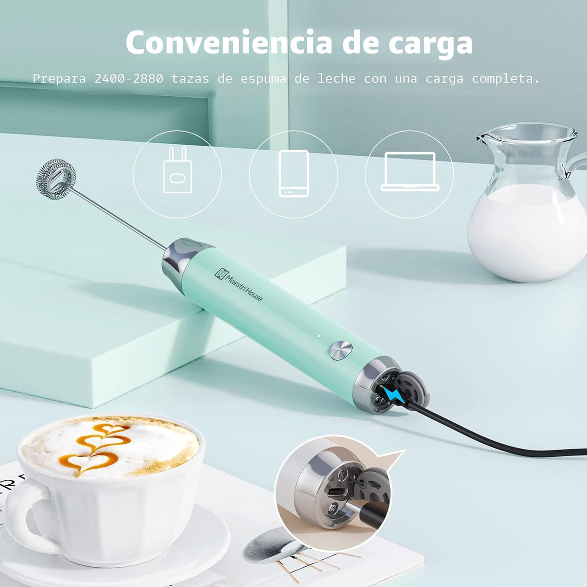 Maestri House Espumador de Leche Recargable con Soporte, LunaFro Fa...