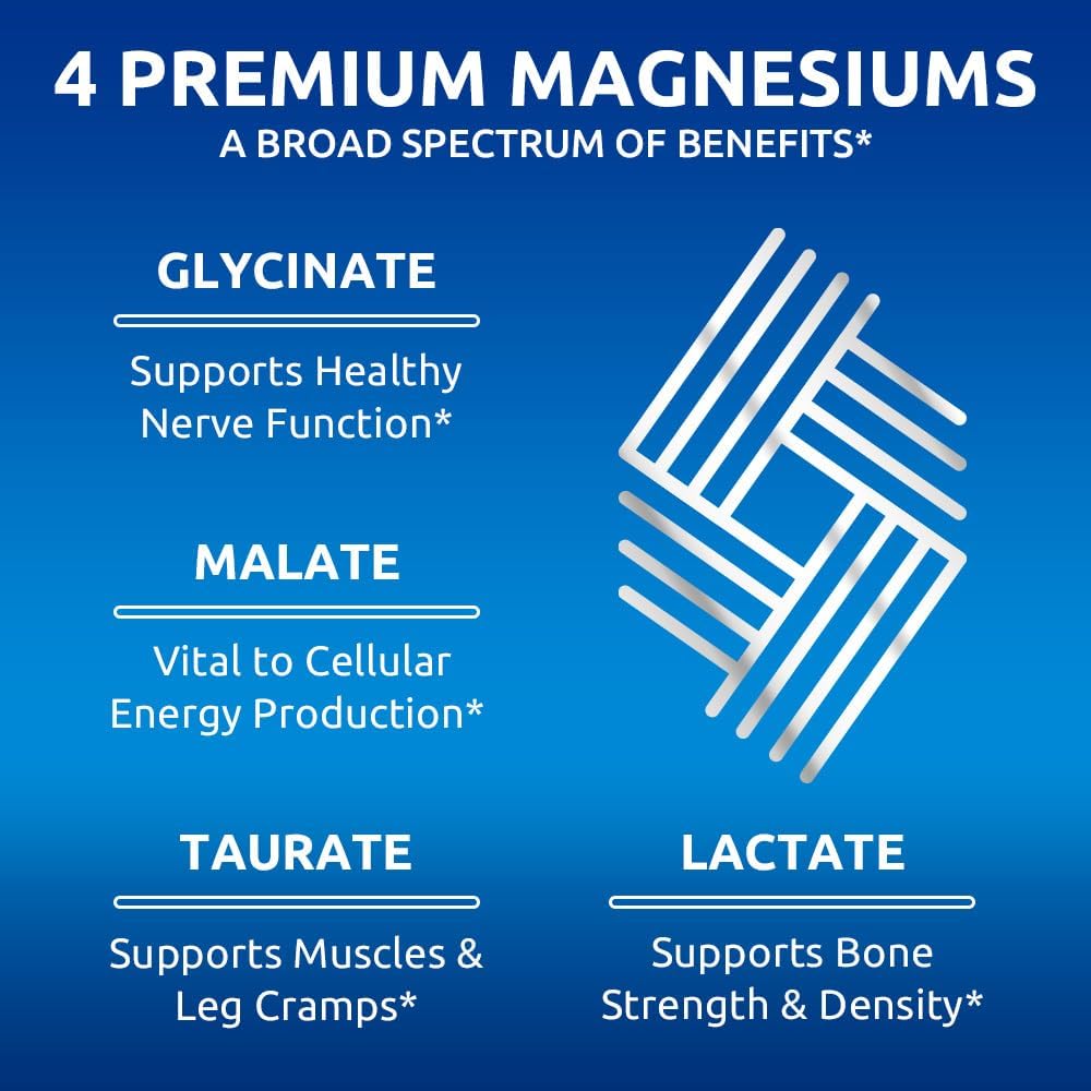 Zentastic Complejo de magnesio 4 en 1 Suplemento - Glicinato de magnesio, malato, taurato y lactato - Alta absorción quelatada para nervios, músculos, huesos y apoyo inmunológico - 120 cápsulas