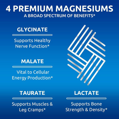 Zentastic Complejo de magnesio 4 en 1 Suplemento - Glicinato de magnesio, malato, taurato y lactato - Alta absorción quelatada para nervios, músculos, huesos y apoyo inmunológico - 120 cápsulas