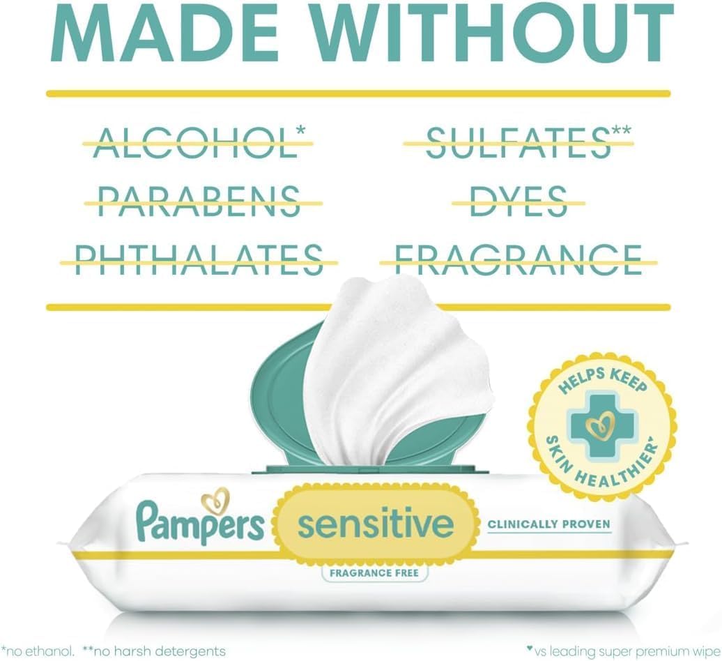 Pampers Toallitas sensibles para bebés, a base de agua, hipoalergén...