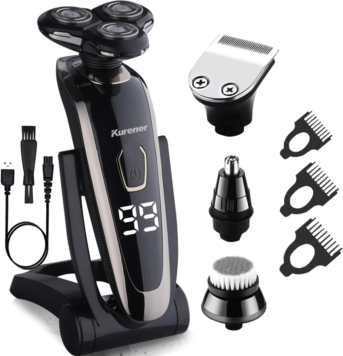 Maquinilla de afeitar eléctrica para hombre, recargable, impermeable, rotativa para afeitar, con recortadora de nariz, patillas, recortadora, cepillo de limpieza facial
