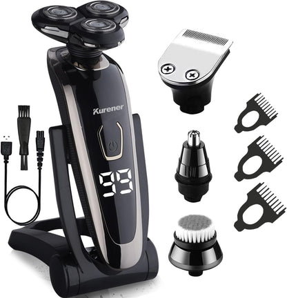 Maquinilla de afeitar eléctrica para hombre, recargable, impermeable, rotativa para afeitar, con recortadora de nariz, patillas, recortadora, cepillo de limpieza facial