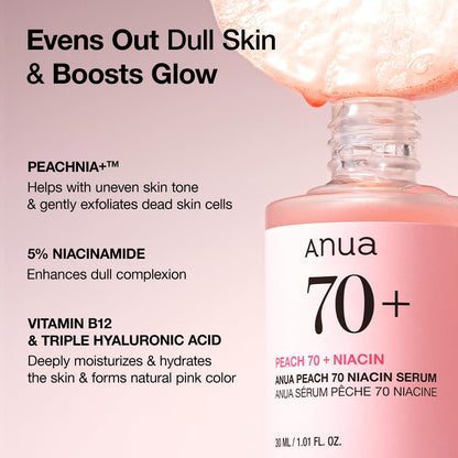 Suero Anua Peach 70 Niacinamida 30ml / suero facial hidratante y aclarar / belleza limpia diaria (1.01 fl. oz.)