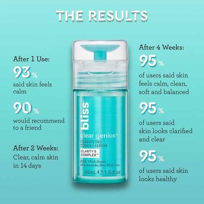 Bliss Clear Genius Tónico + Suero Clarificante - 127 ml - Purifica los poros, tonifica, calma y aclara la piel - Ácido salicílico, Niacinamida y Hamamelis - Limpio, libre de parabenos - Vegano y sin