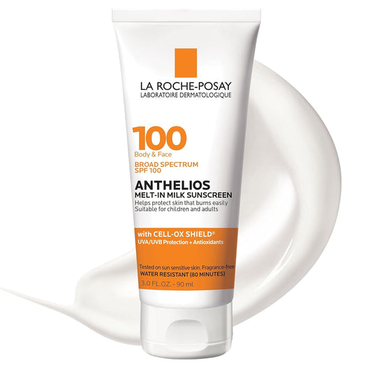 La Roche-Posay Anthelios Melt-In Milk Protector solar SPF 100, protector solar para cuerpo y cara, amplio espectro SPF + antioxidantes, sin aceite, para piel sensible al sol, libre de oxibenzona