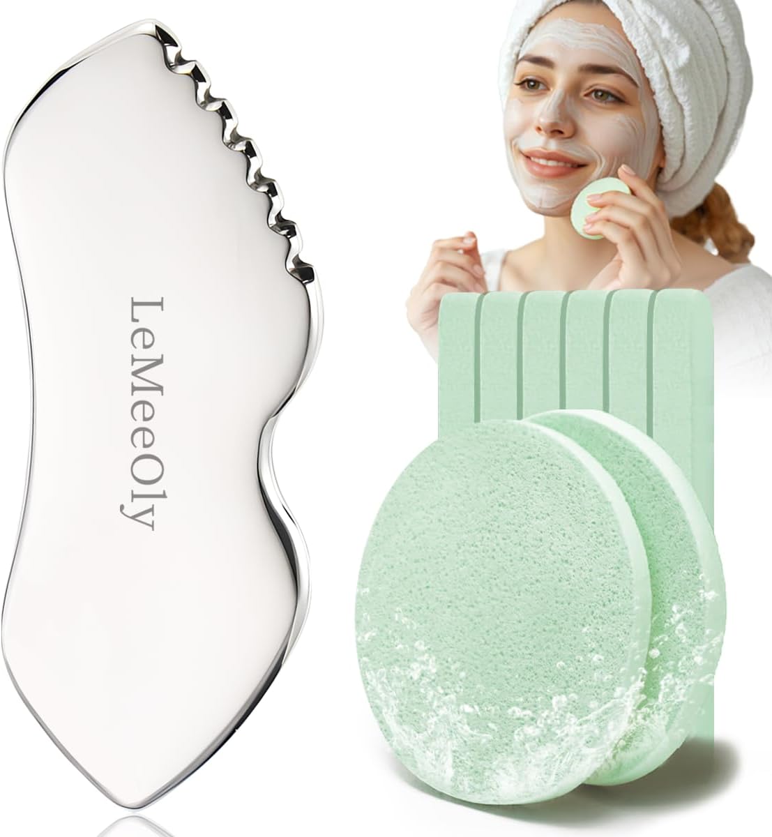 LeMeeOly Herramientas Gua Sha Faciales de Acero Inoxidable y Esponj...