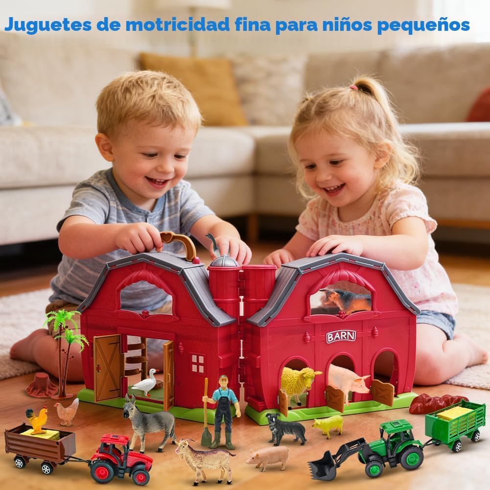 BOLZRA Farm Animals Big Red Barn Toy con Tractors Fence para Toddlers 1-5