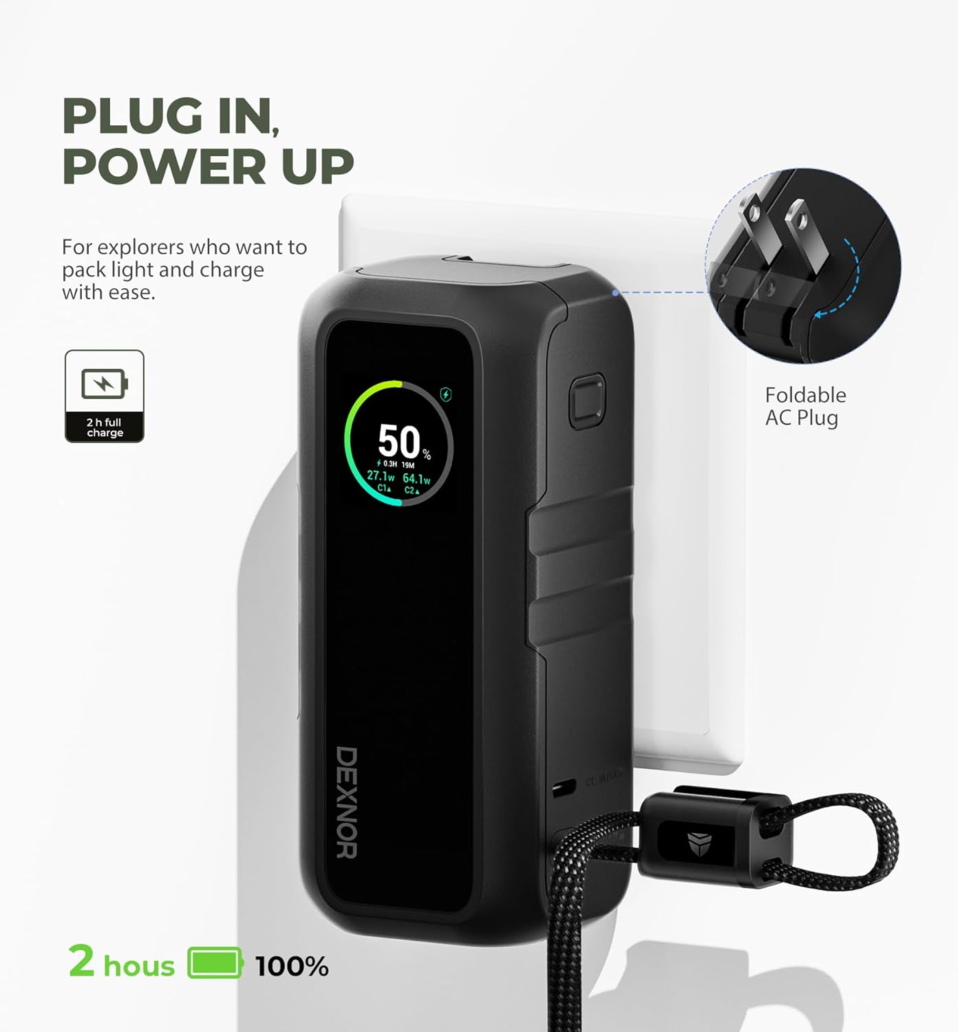 Dexnor Banco de energía 3 en 1, batería de 15,000 mAh con salida de 65 W, enchufe de CA plegable, cable de mango USB integrado, compatible con carga rápida PD3.0 y PPS, cargador portátil elegante para