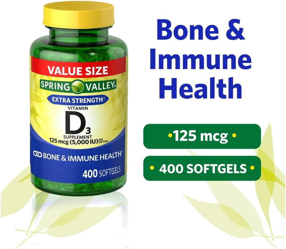 Cápsulas blandas de vitamina D3 Spring Valley, 125 mcg por cápsula,...