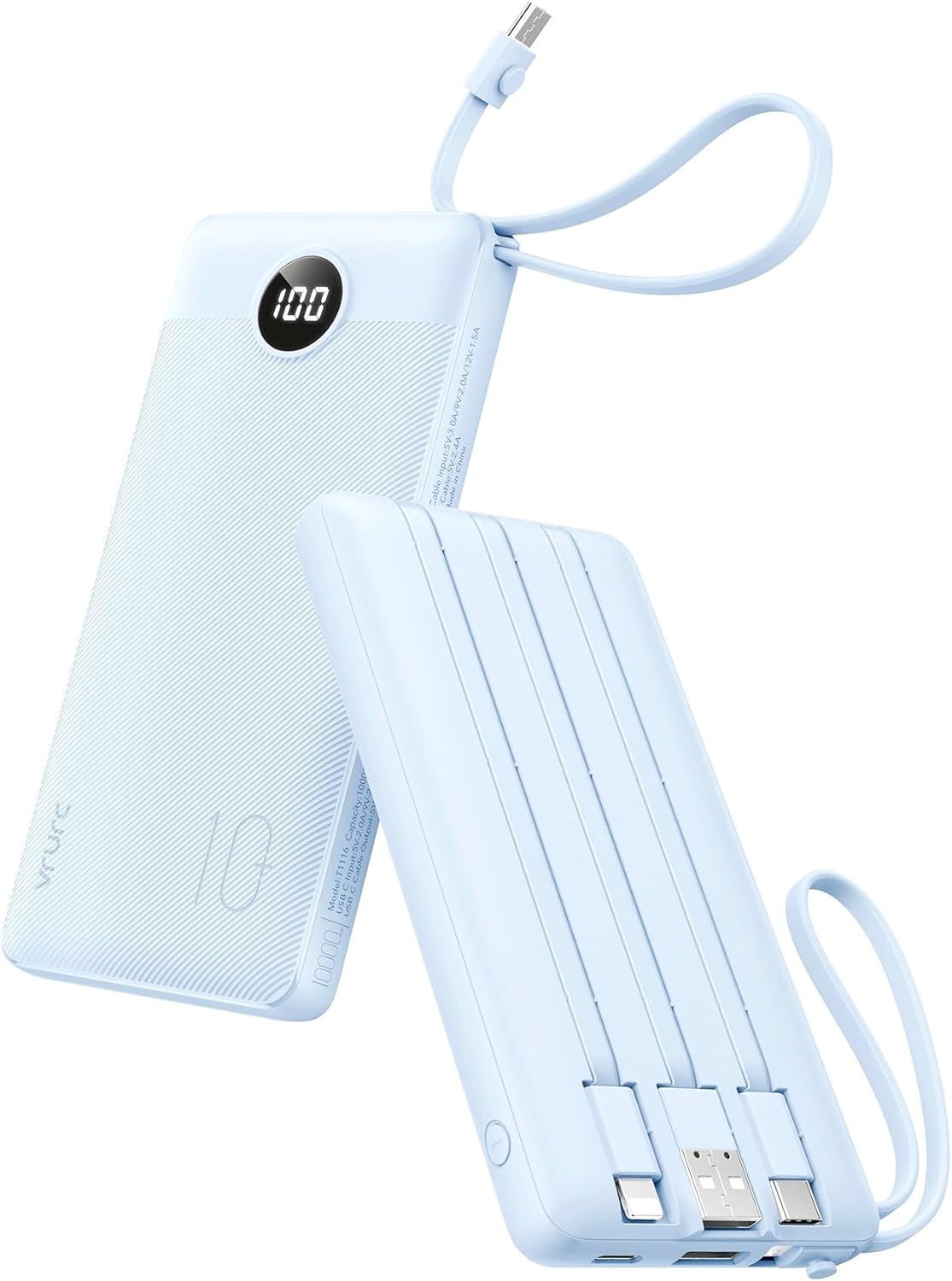 VRURC Banco de energía de 10000 mAh, cables integrados, cargador po...