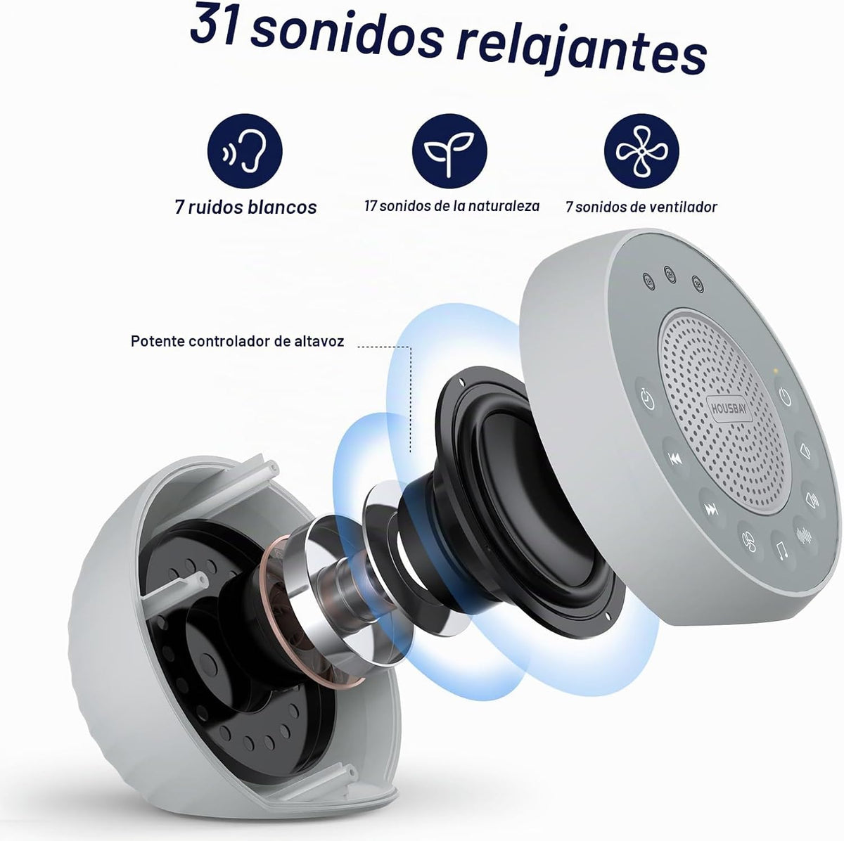 HOUSBAY Máquina de sonido Ruido blanco para dormir, gris | 31 sonid...