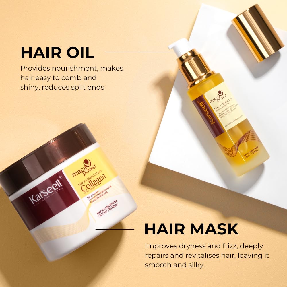 Máscara de Tratamiento Capilar de Colágeno Karseell, Juego de Aceite de Argán para Acondicionador de Reparación Profunda de Cabello Dañado, Seco y Todo Tipo de Cabello, 16.9 onzas líquidas + 1.69