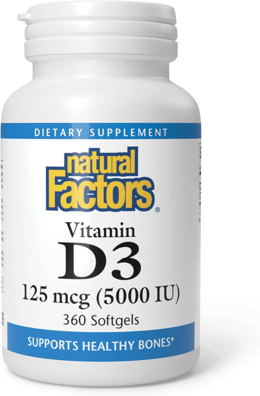 Natural Factors, Vitamina D3 5000 UI (125 mcg), apoya huesos fuerte...