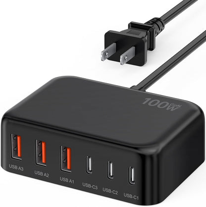 Cargador USB C Rápido, 100W GaN Estación de Carga de 6 Puertos Tipo...