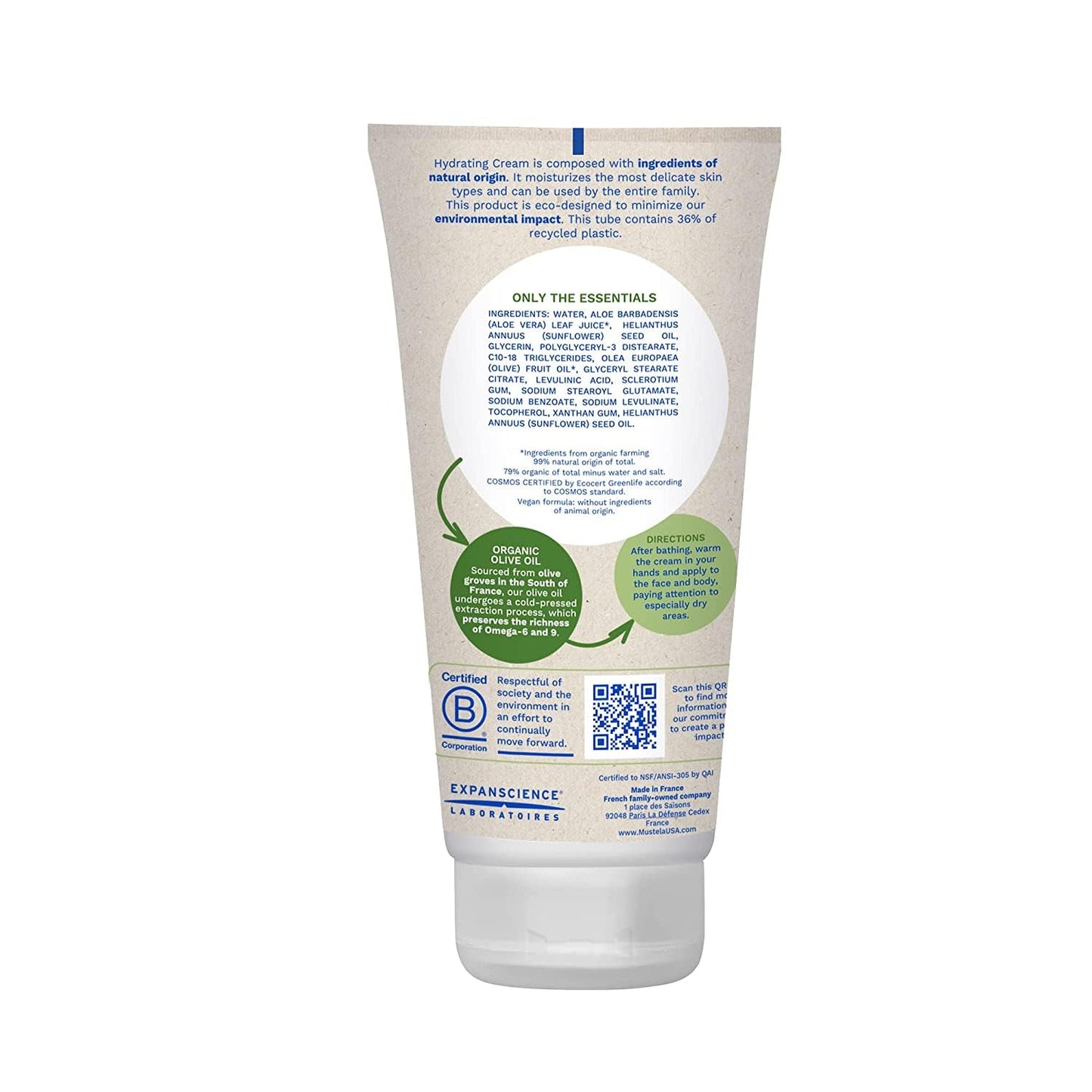 Mustela Crema hidratante orgánica certificada, loción corporal natural con aceite de oliva, aloe vera y aceite de girasol, para bebés, niños y adultos, sin fragancia, verificado por EWG y vegano, 5.07 onzas, el embalaje puede variar