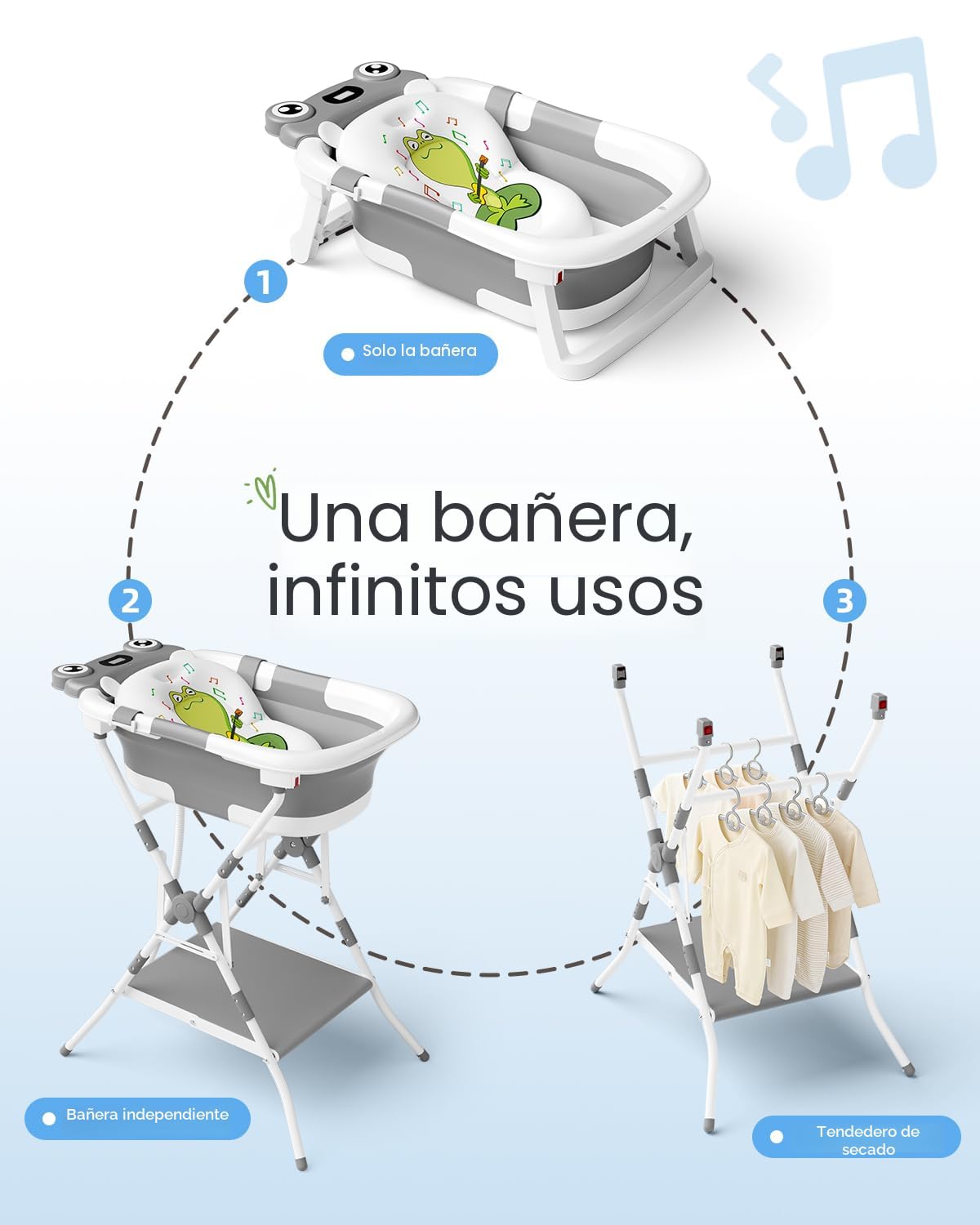 BUNWAG Bañera plegable para bebé con soporte, bañera portátil 2 en...