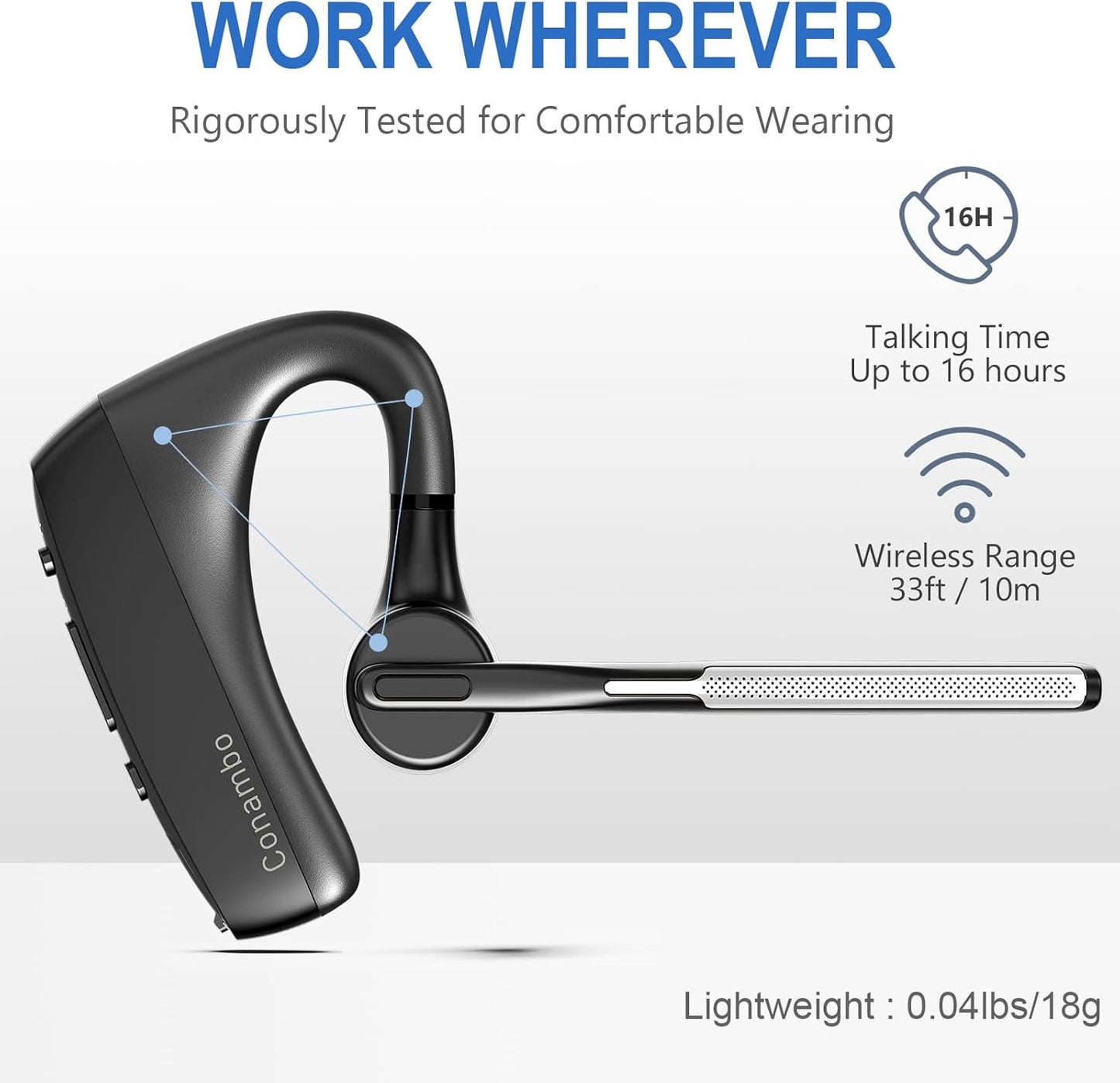 CONAMBO Auriculares Bluetooth V5.1, 16 horas HD Talktime CVC8.0 Dual Mic Cancelación de Ruido Manos Libres Auricular Bluetooth para Teléfono Celular iPhone Android Conducción Negocios Oficina