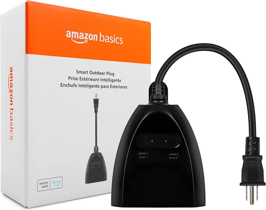 Amazon Basics Enchufe inteligente para exteriores con 2 tomas de corriente controladas individualmente, funciona solo con Alexa, Wi-Fi de 2.4 GHz, no requiere concentrador, color negro