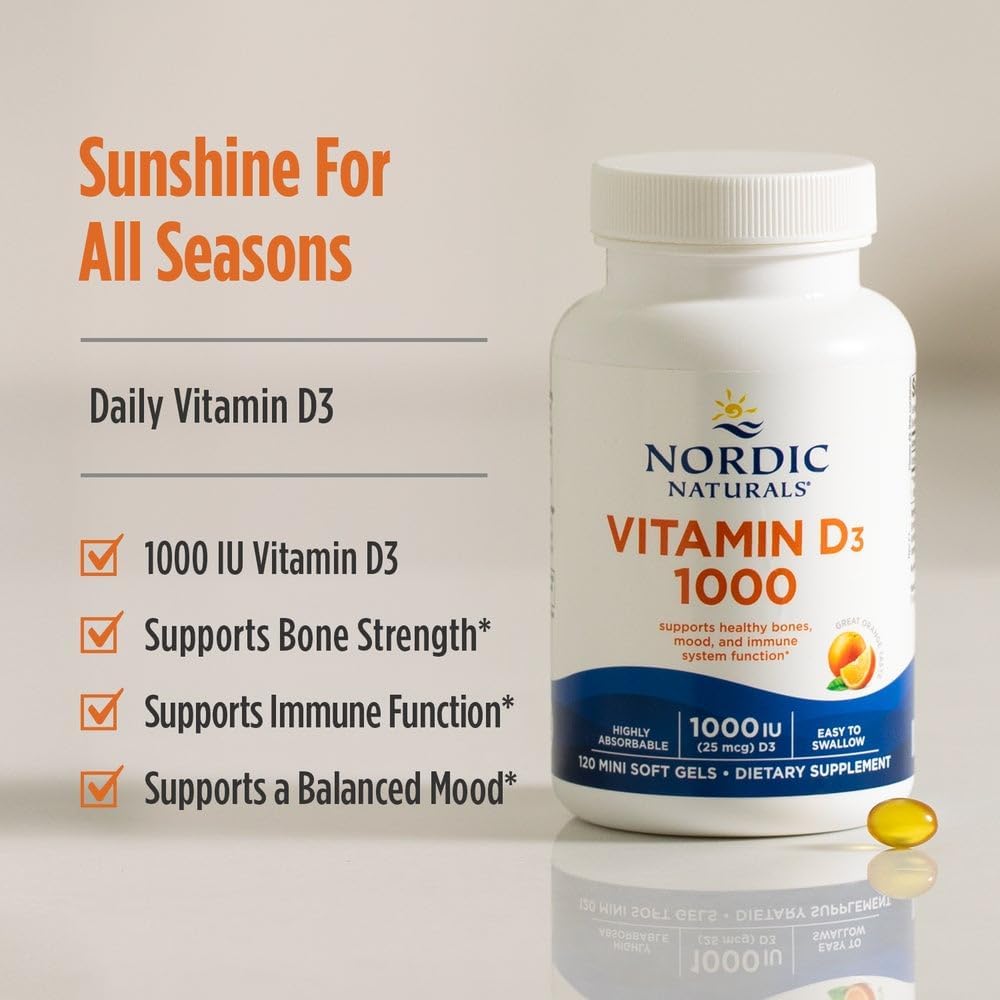 Nordic Naturals Vitamina D3 1000, Naranja - 120 mini geles blandos - 1000 UI de vitamina D3 - Soporta huesos saludables, estado de ánimo y función del sistema inmunitario - Sin OGM - 120 porciones