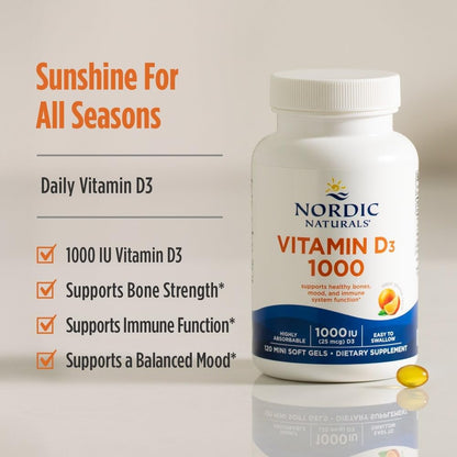 Nordic Naturals Vitamina D3 1000, Naranja - 120 mini geles blandos - 1000 UI de vitamina D3 - Soporta huesos saludables, estado de ánimo y función del sistema inmunitario - Sin OGM - 120 porciones