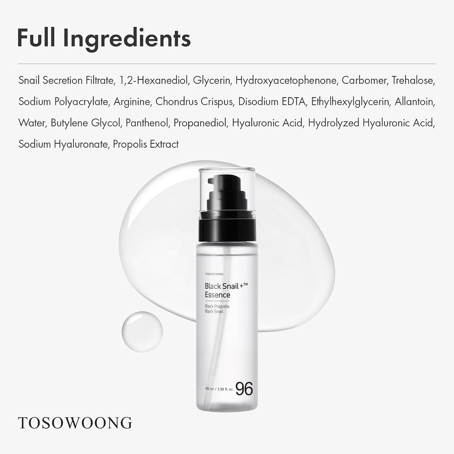 TOSOWOONG Black Snail Plus Essence con filtro de secreción de caracol negro de 960,890 ppm, suero hidratante, reparador, antienvejecimiento, piel opaca, líneas finas, piel sensible, cuidado de la piel